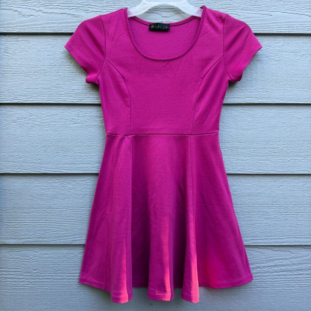 Luna Tiks S Skater Dress Women Magenta Cotton Blend Stretch Casual Flirty Mini